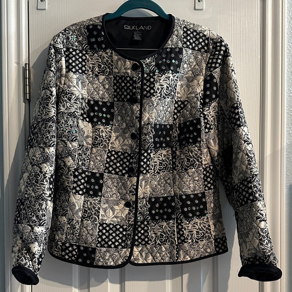 SilkLand Vintage Quilted Patchwork 100% Silk Jacket Black White Large Sequins - Picture 2 of 8